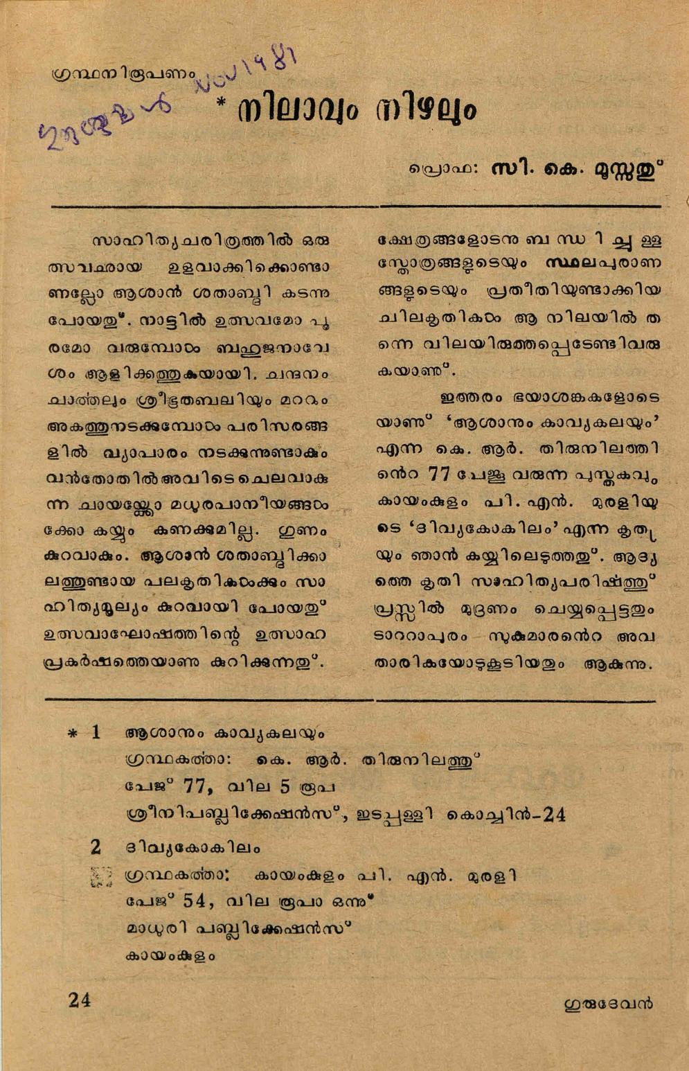  1981 - നിലാവും നിഴലും - സി. കെ. മൂസ്സത്