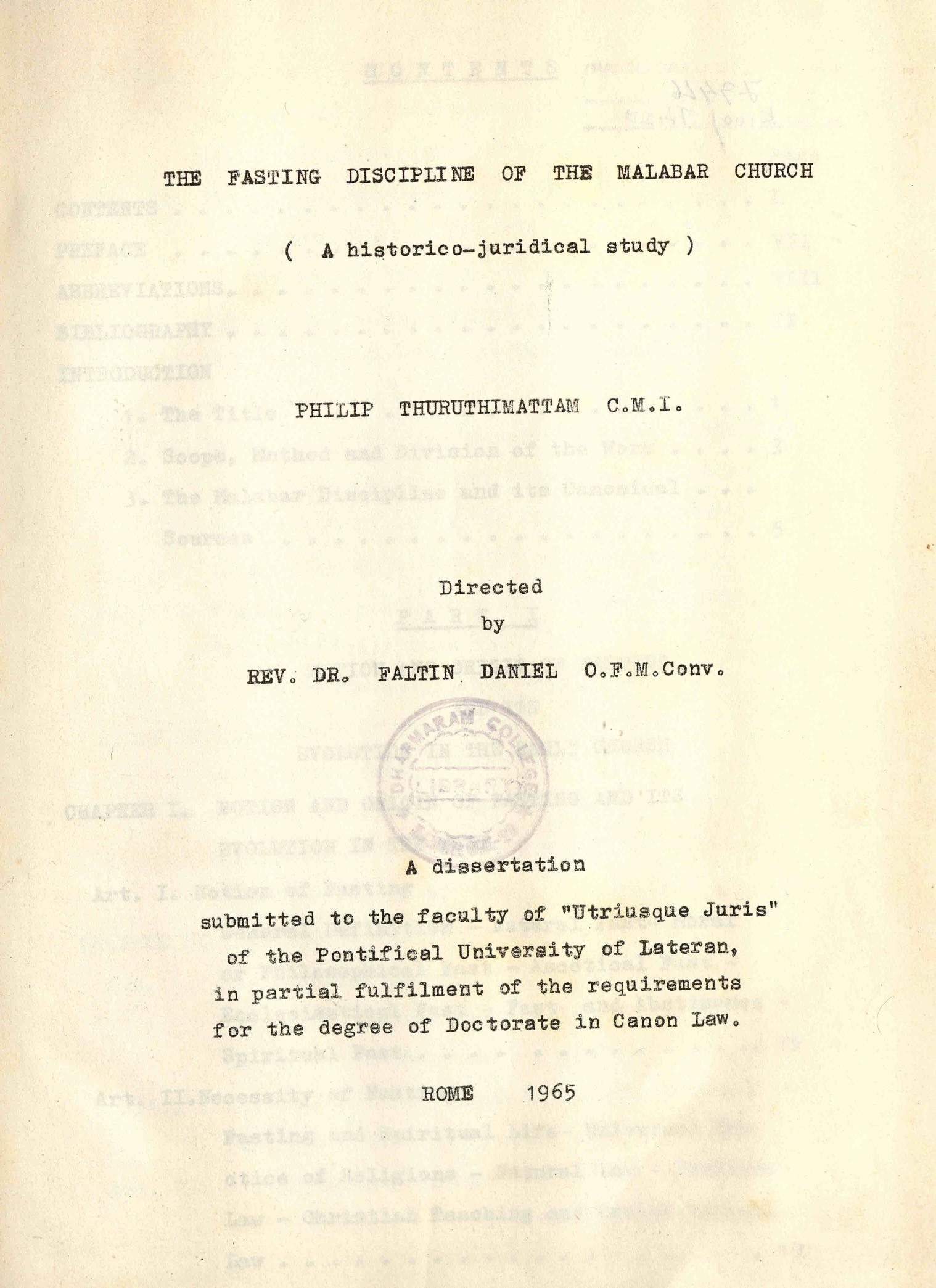 1965 - Fasting Discipline of the Malabar Church - Philip Thuruthimattam - C. M. I