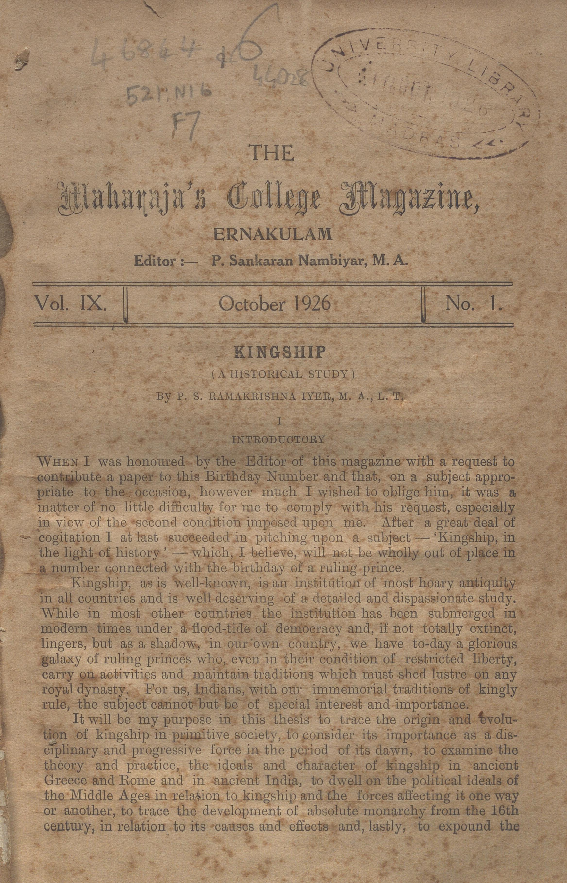 1926 - The Maharaja's College Magazine Ernakulam- Vol. IX October Issue 01
