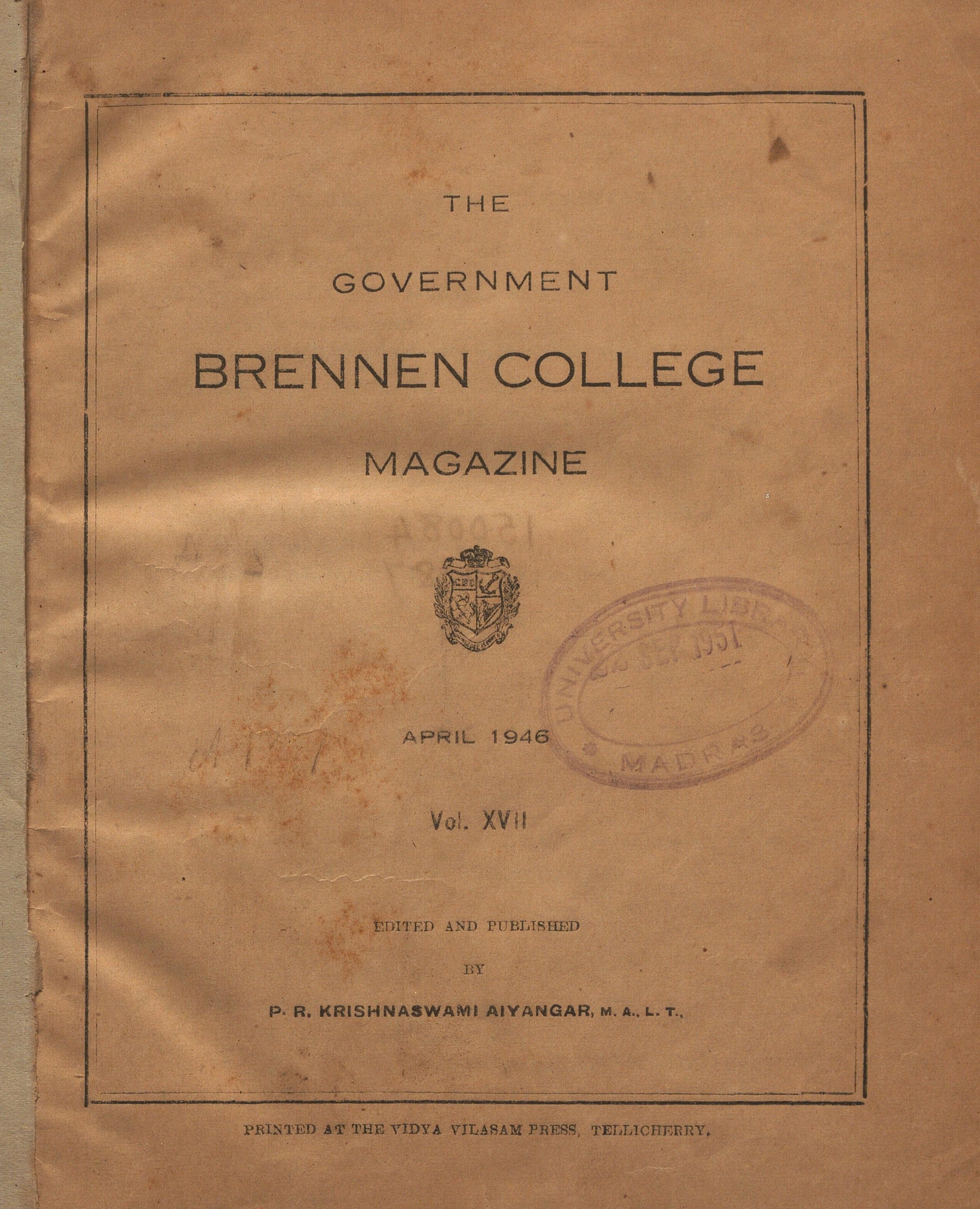 1946 - The Government Brennen College Magazine Tellicherry Vol. XVII April