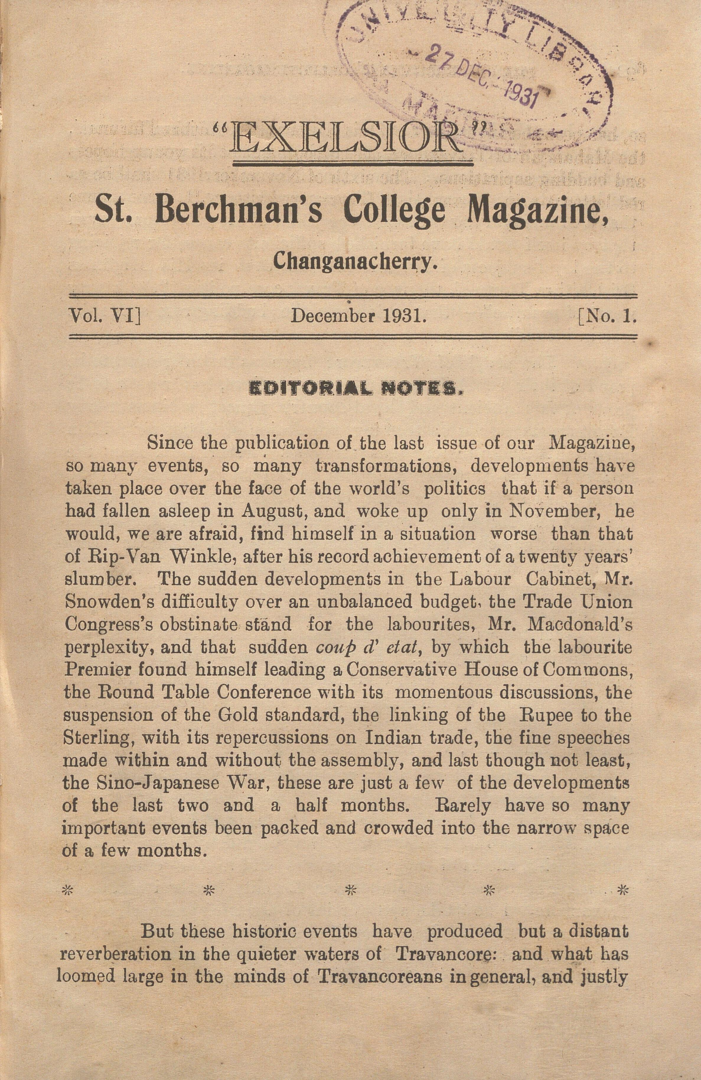  1931 - Excelsior - St. Berchmans College Magazine Changanacherry - Vol - VI - Issue 01