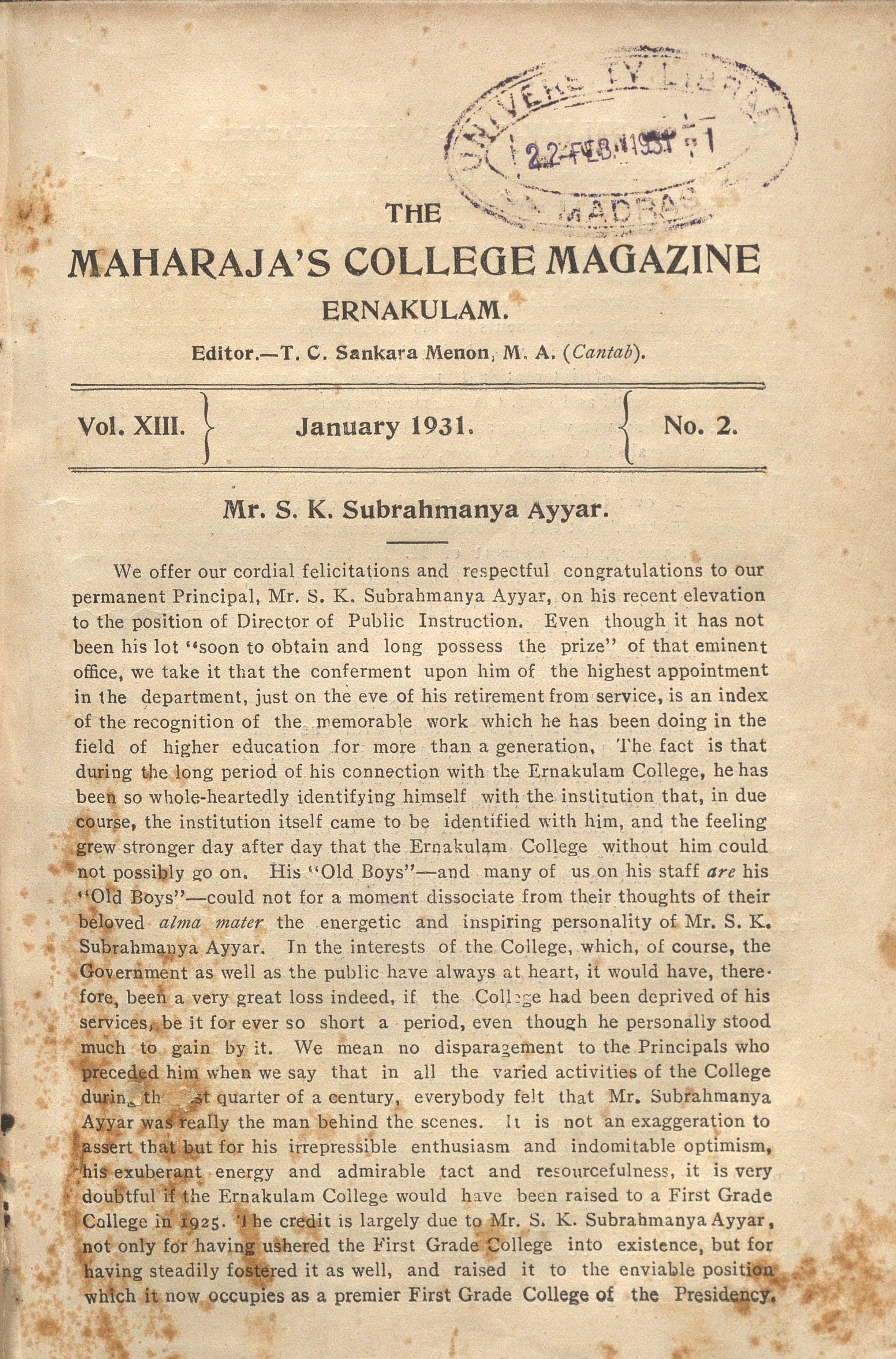 1931 - Ernakulam Maharaja's College Magazine Vol- XIII - Issue - 02 and 03