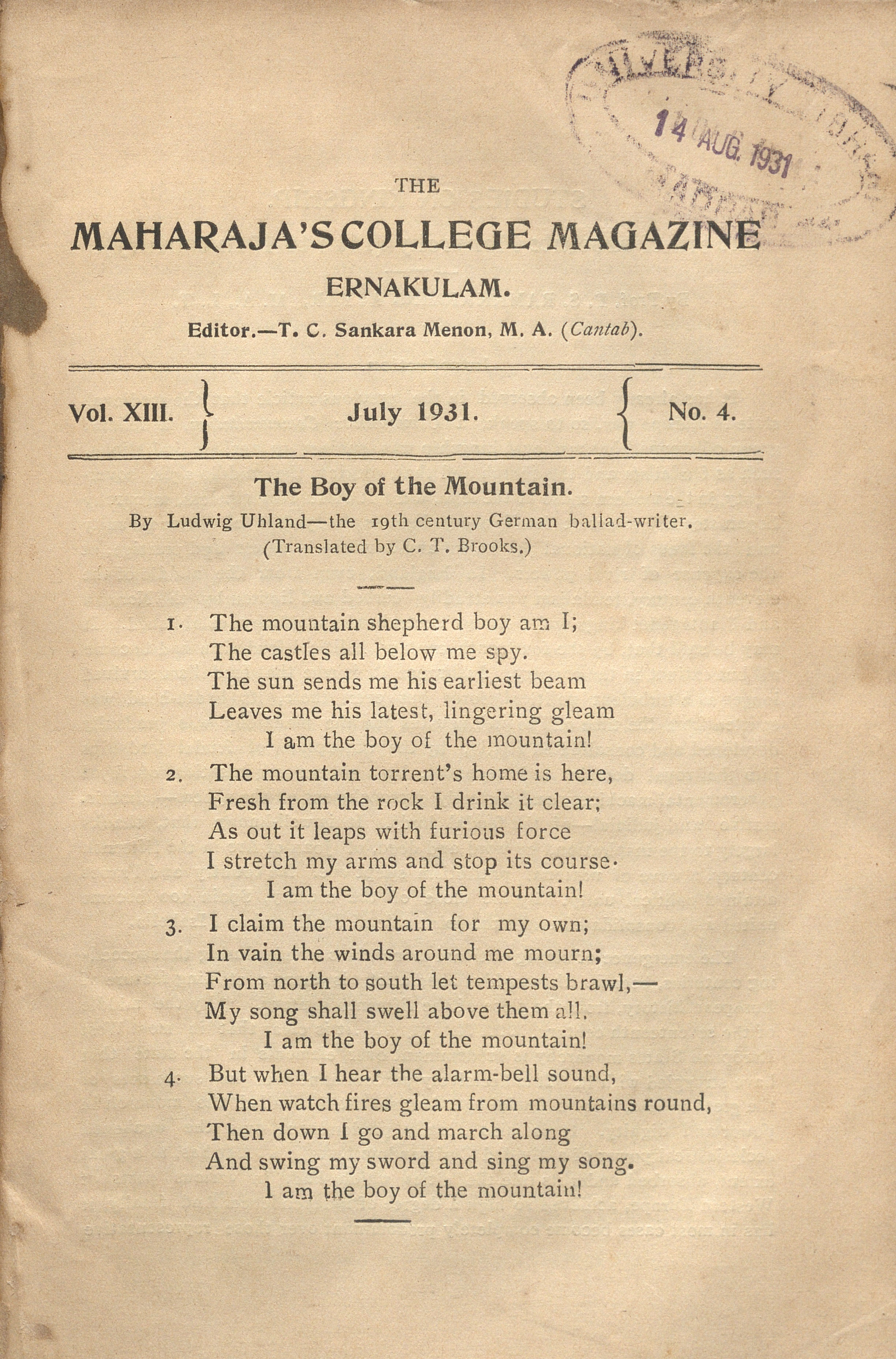  1931 - Ernakulam Maharajas College Magazine Vol- XIII - Issue - 04