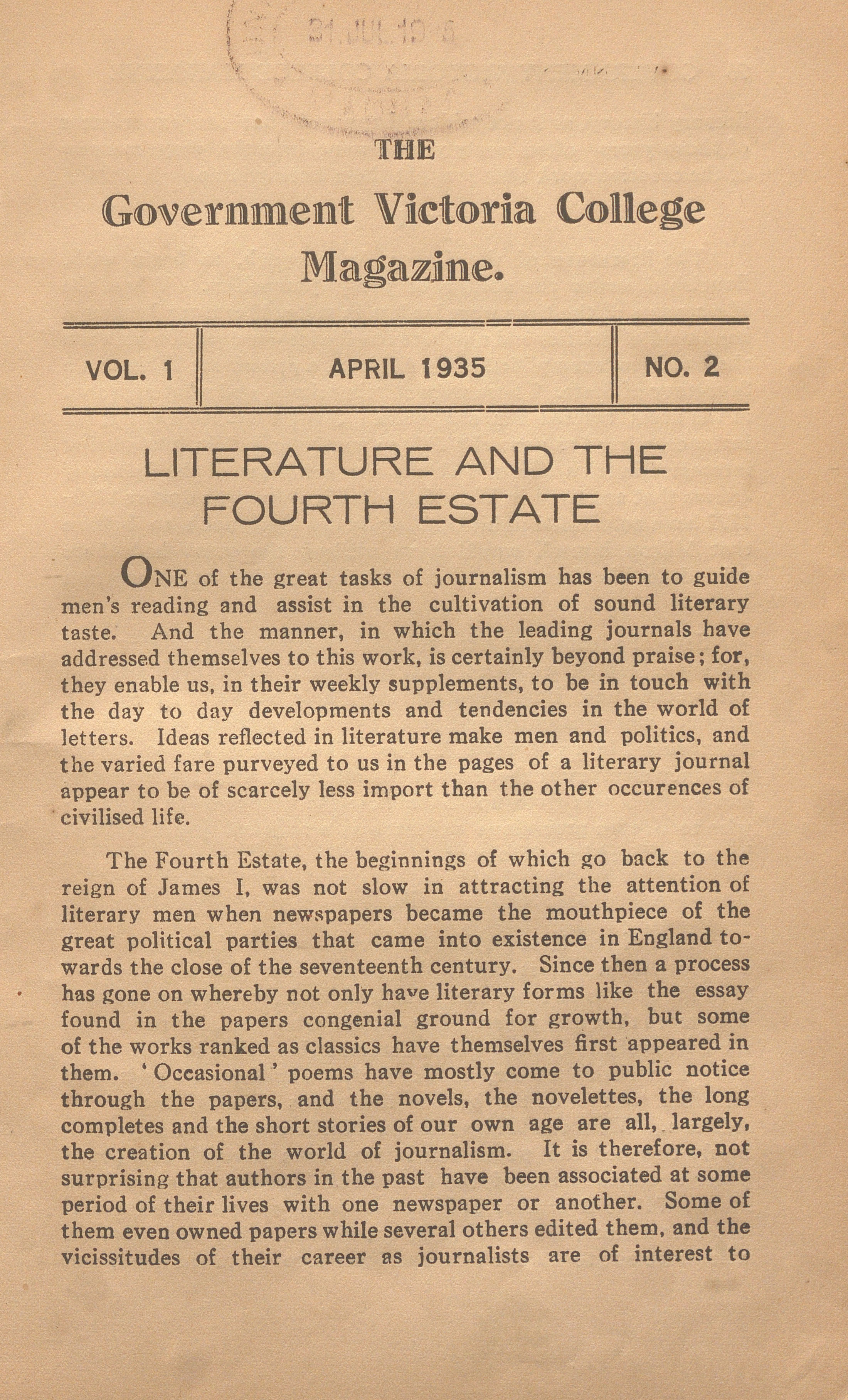 Govt – Victoria College Magazine 1935 April and 1941 November Issues