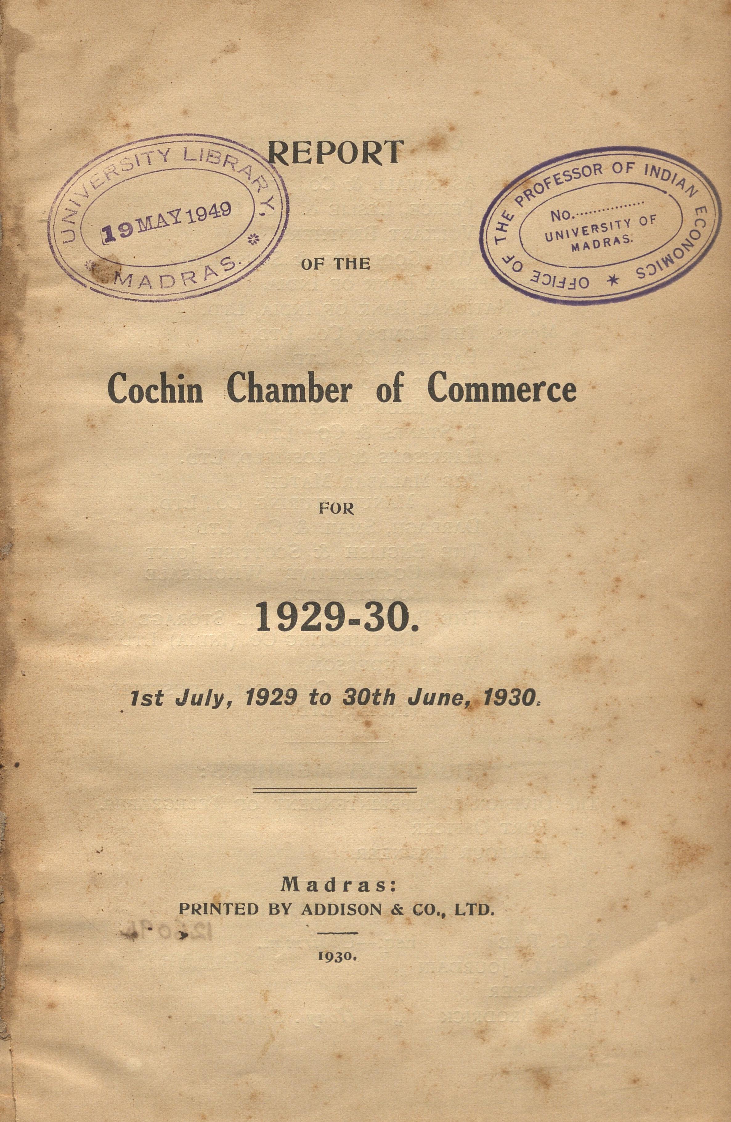 1930-  Cochin Chamber Of Commerce -1929-1930 Report