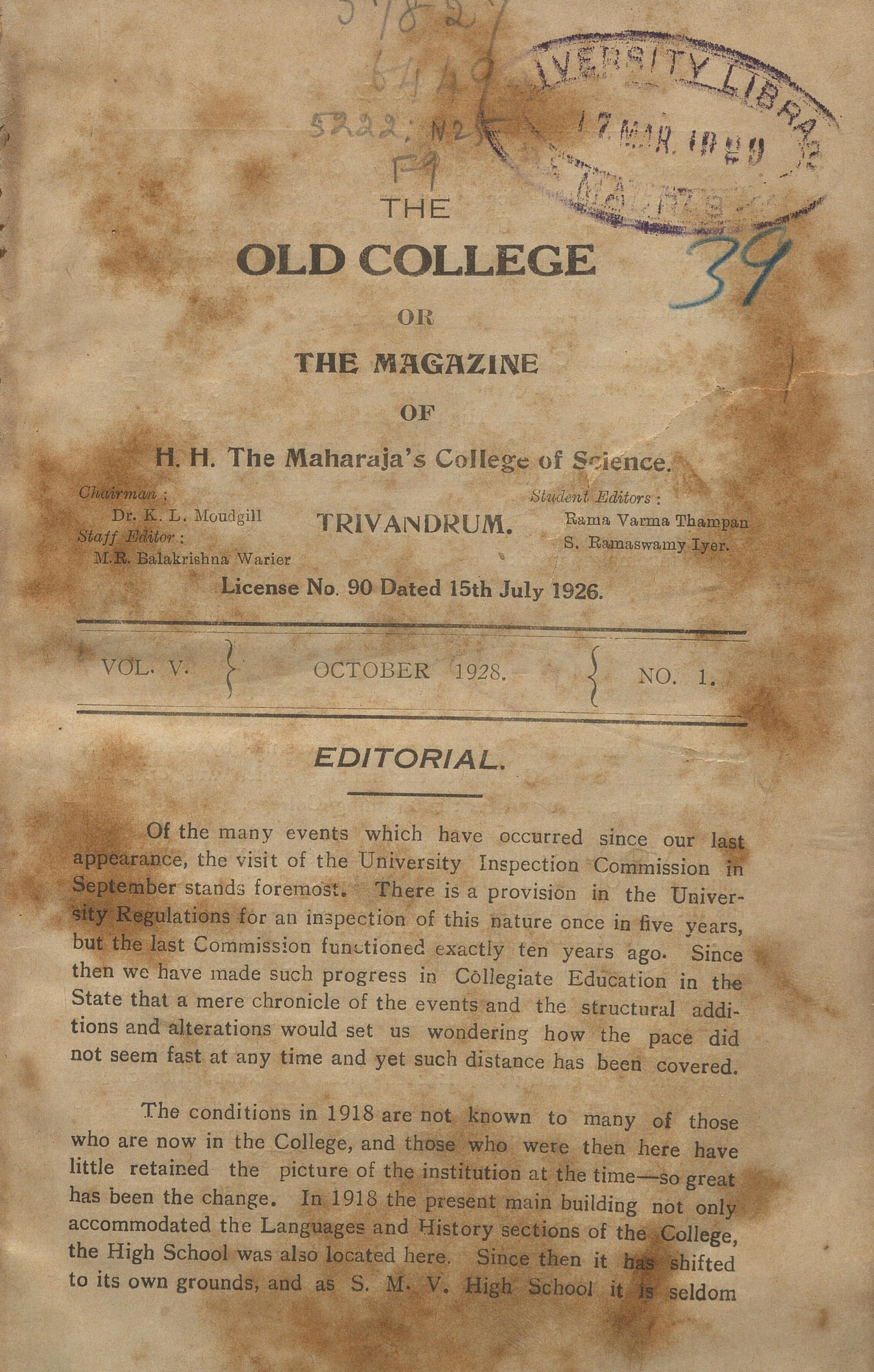 1928 -Trivandrum Maharaja’s College of Science Magazine- Vol. V October Issue 01