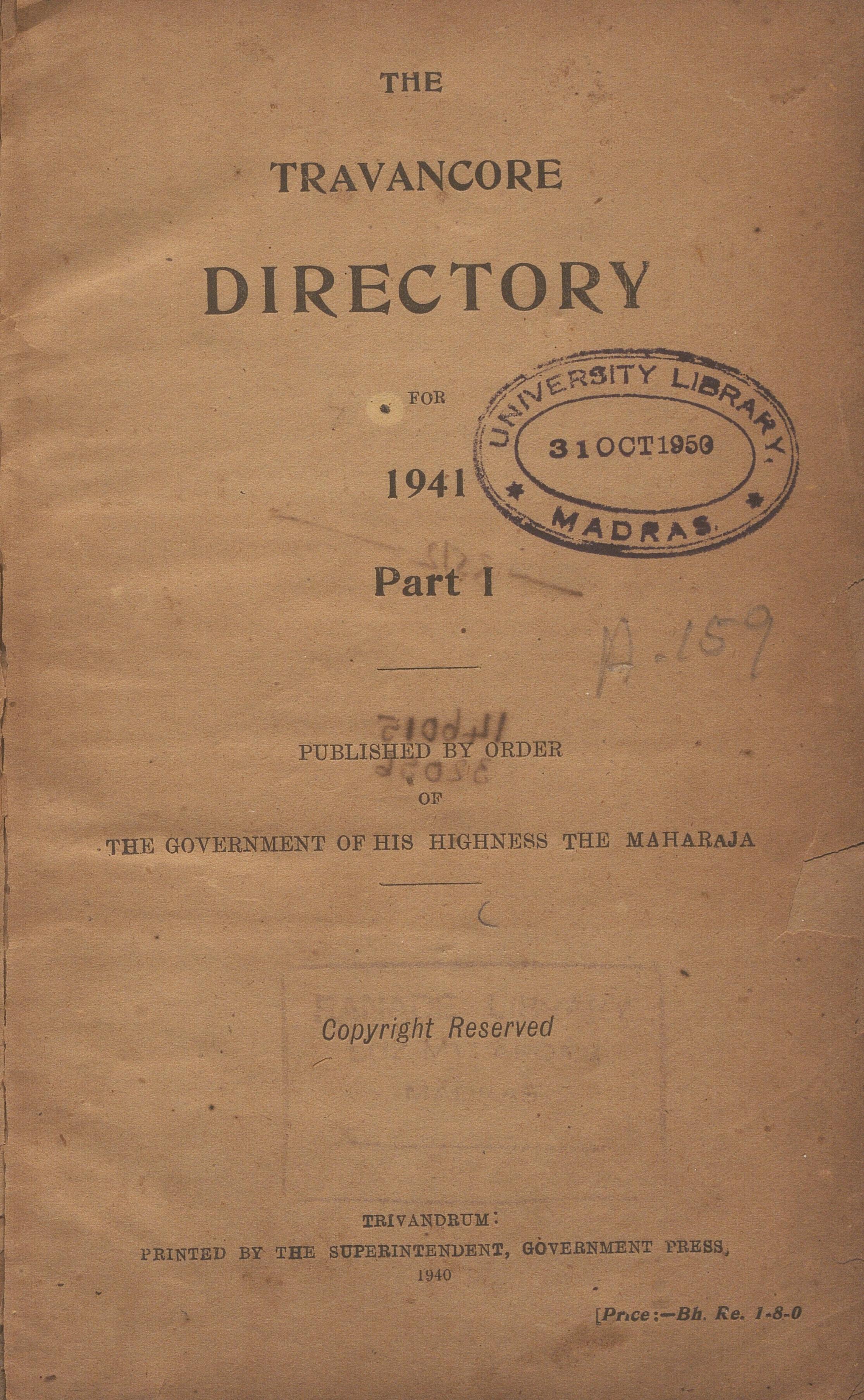 1940 - The Travancore Directory for 1941- Part I