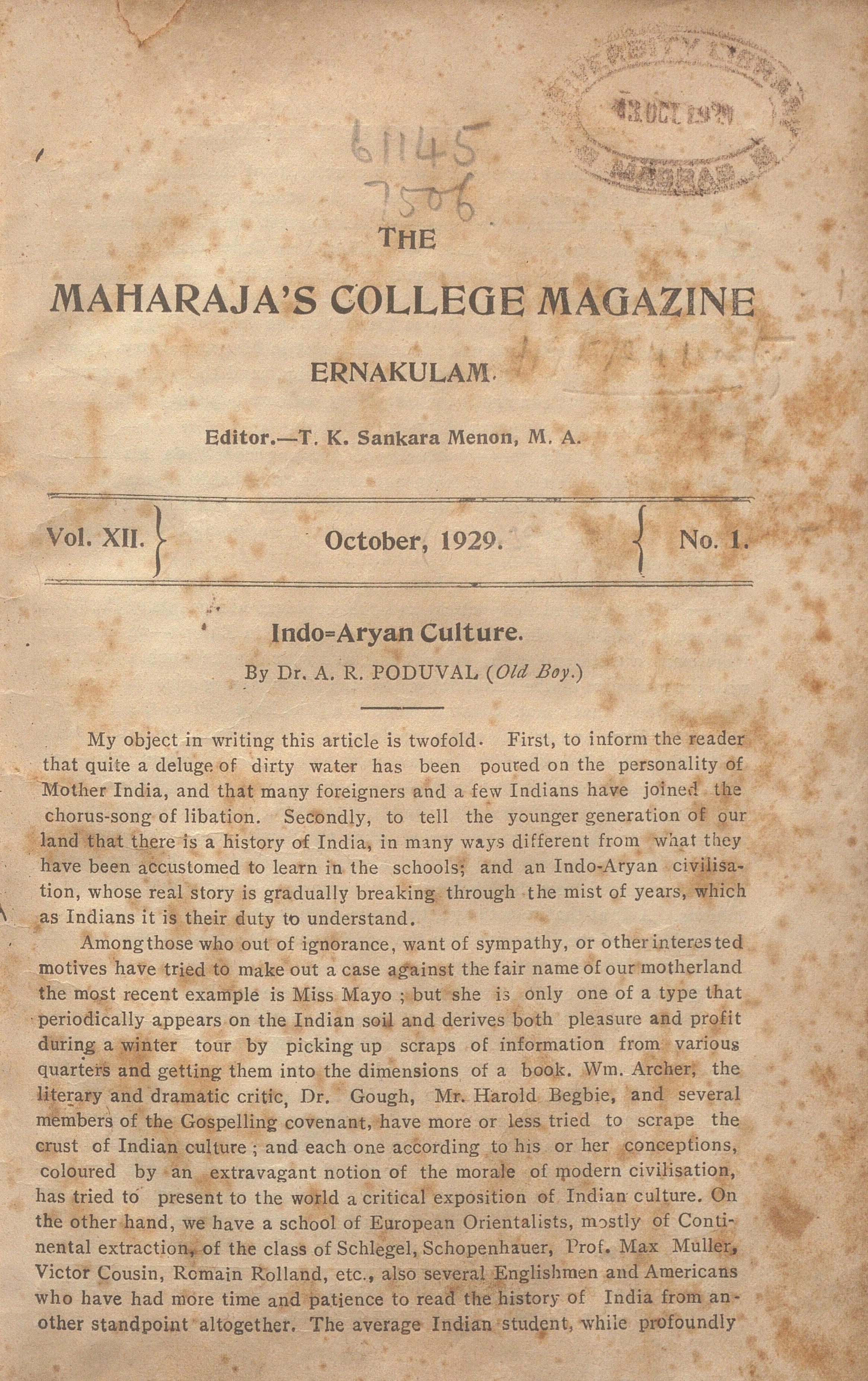  1929 - Ernakulam Maharaja's College Magazine Vol- XII - Issue - 01