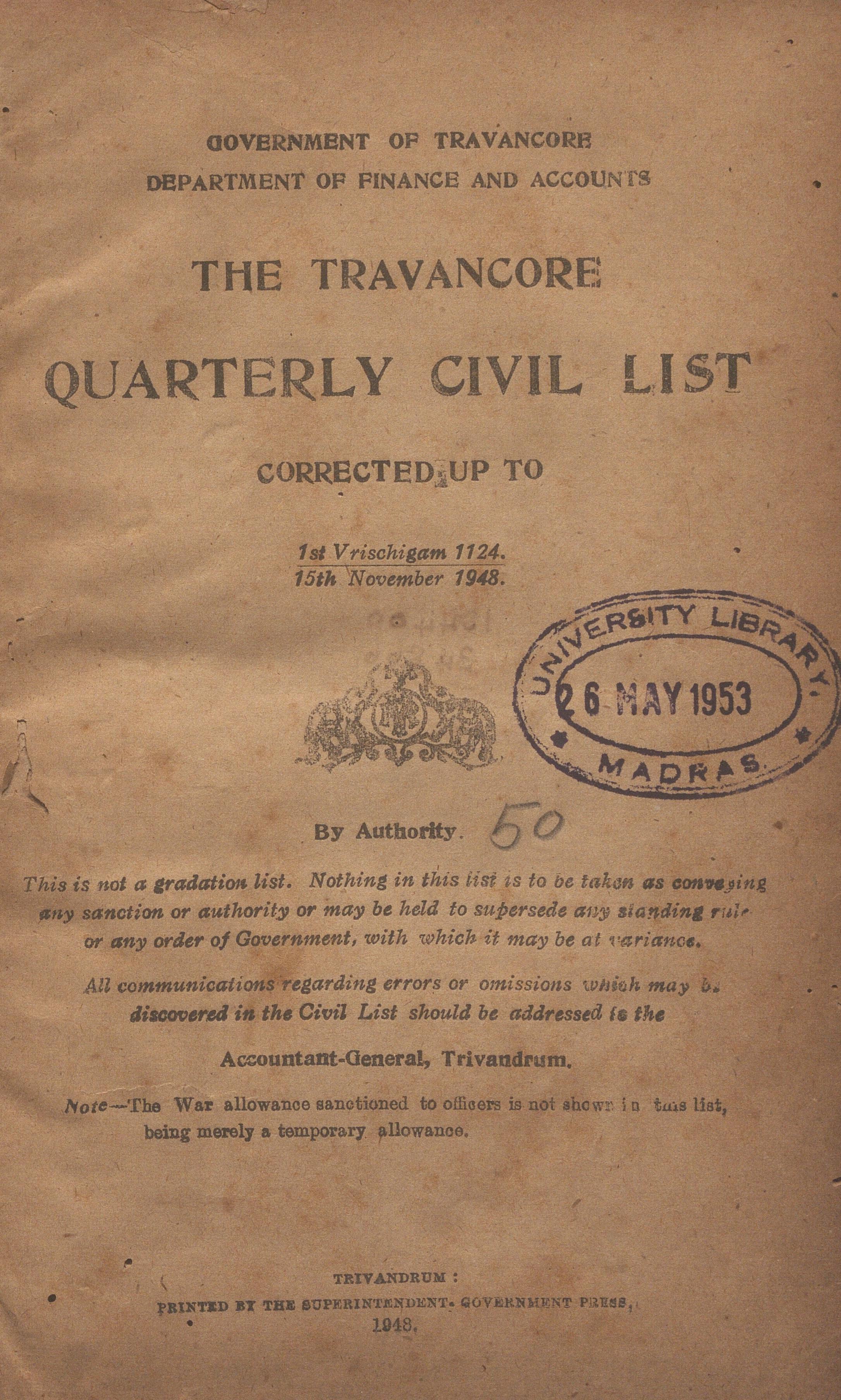 1948 - The Travancore Quartely Civil List